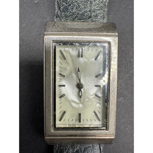 White Pearlized Dial Silver Tone Rectangle Case Black Leather Band Watch main image 9
